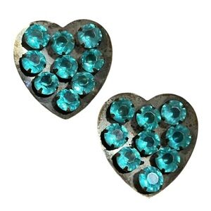 Antique Spectacular Art Deco Silver & Aqua Rhinestone Heart Scarf Clips 2